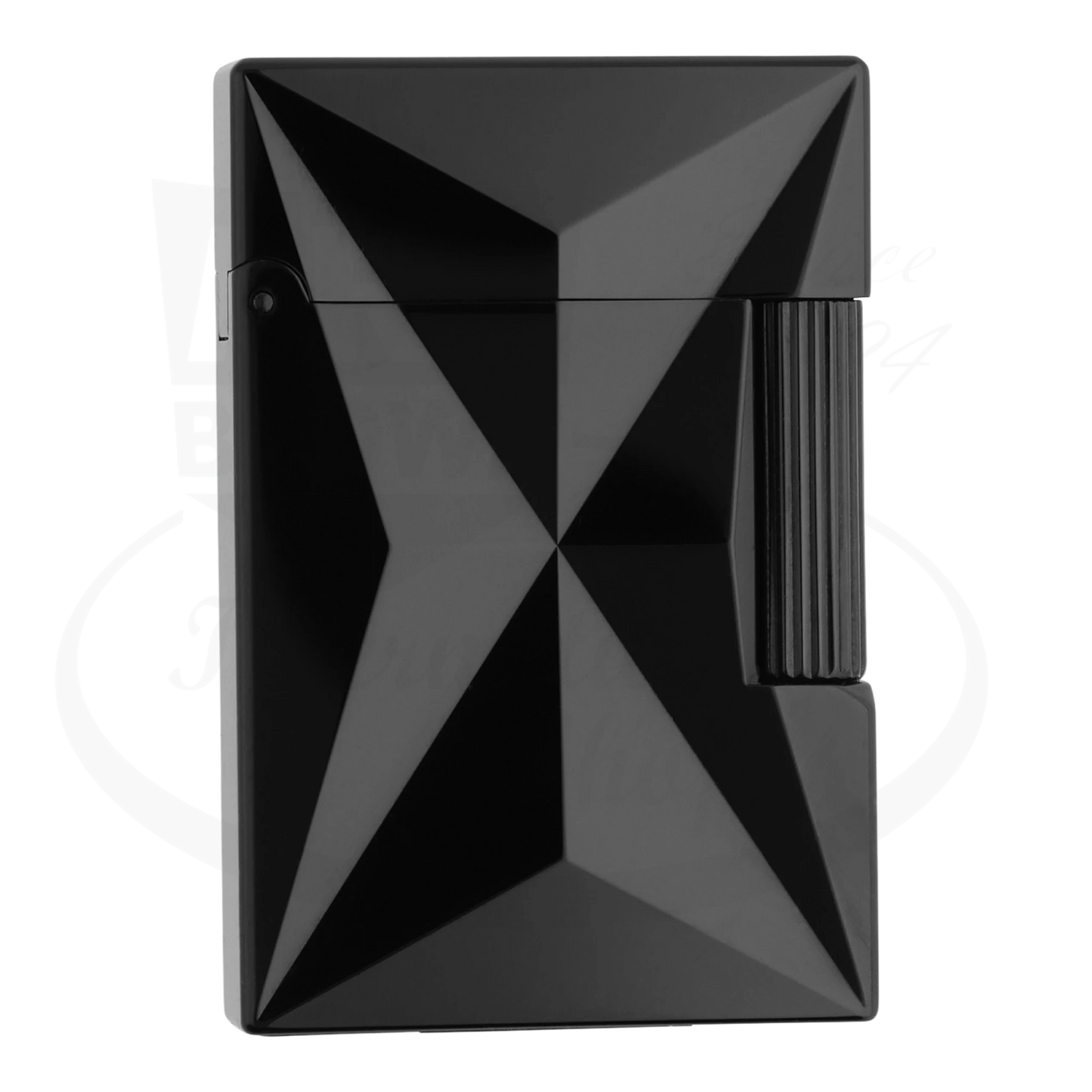 "S.T. Dupont Ligne 2 Fire X lighter in black with faceted geometric design.