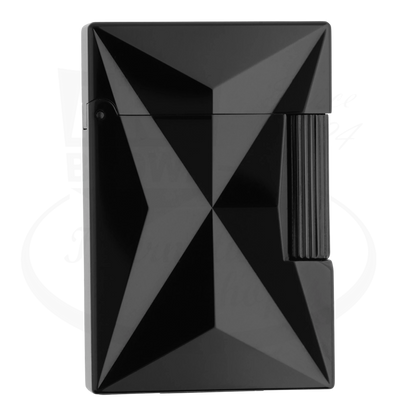 "S.T. Dupont Ligne 2 Fire X lighter in black with faceted geometric design.