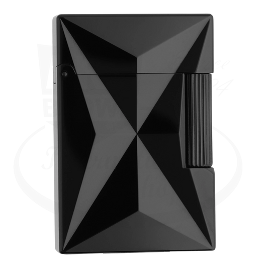 "S.T. Dupont Ligne 2 Fire X lighter in black with faceted geometric design.