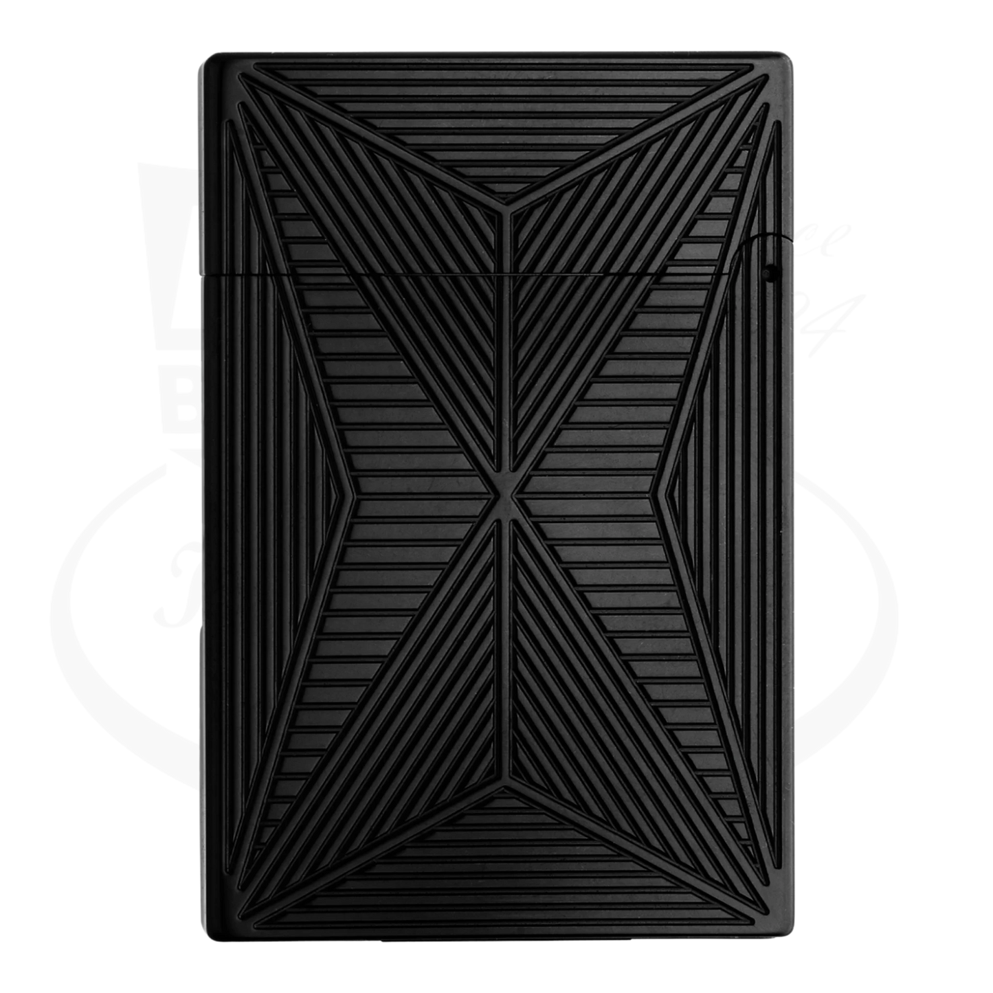 Rear view of S.T. Dupont Ligne 2 Fire X lighter in black with intricate geometric design.