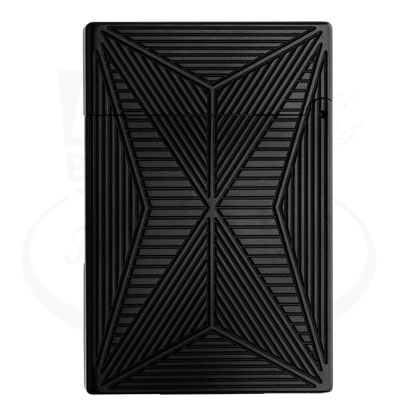 Rear view of S.T. Dupont Ligne 2 Fire X lighter in black with intricate geometric design.