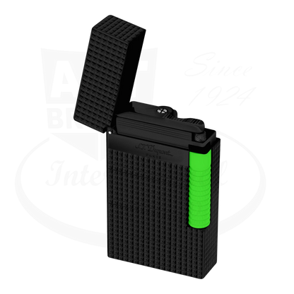 S.T. Dupont Fluo collection Le Grand lighter, open view, black and green PVD.