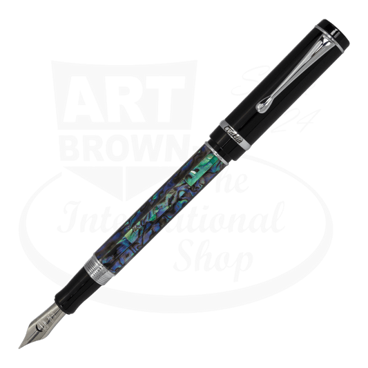 Conklin pen with an open cap, featuring a sleek black design and an abalone shell inlay on the barrel, with a polished steel nib and accents.