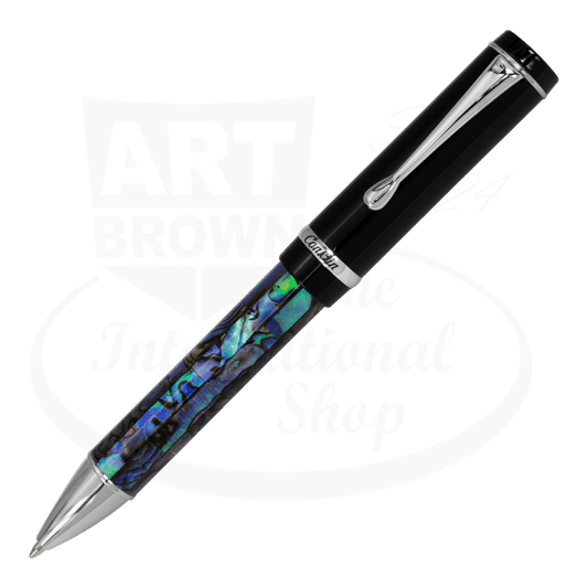 Conklin pen shown closed, featuring a glossy black cap and an abalone shell inlay on the barrel, complemented by polished silver details.