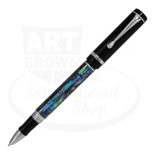 Conklin Duragraph rollerball pen with a capped design, highlighting its glossy black finish and vibrant abalone shell inlay on the barrel, with polished silver accents.