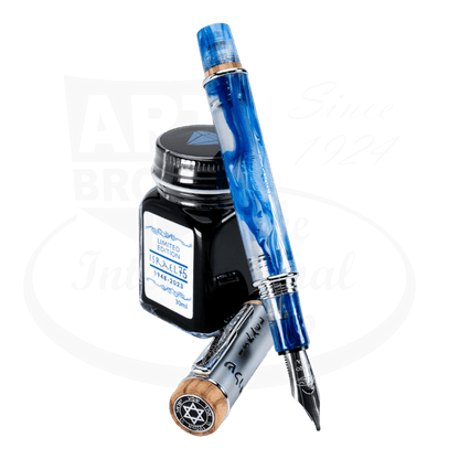 Conklin Jubilee 75th Anniversary of Israel pen in blue with marbled design, shown alongside a limited edition bottle of ink.