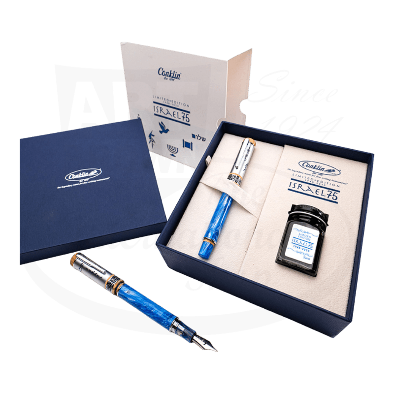 Conklin Jubilee 75th Anniversary of Israel pen set, including the pen and limited edition ink bottle, elegantly presented in a blue box with anniversary branding.