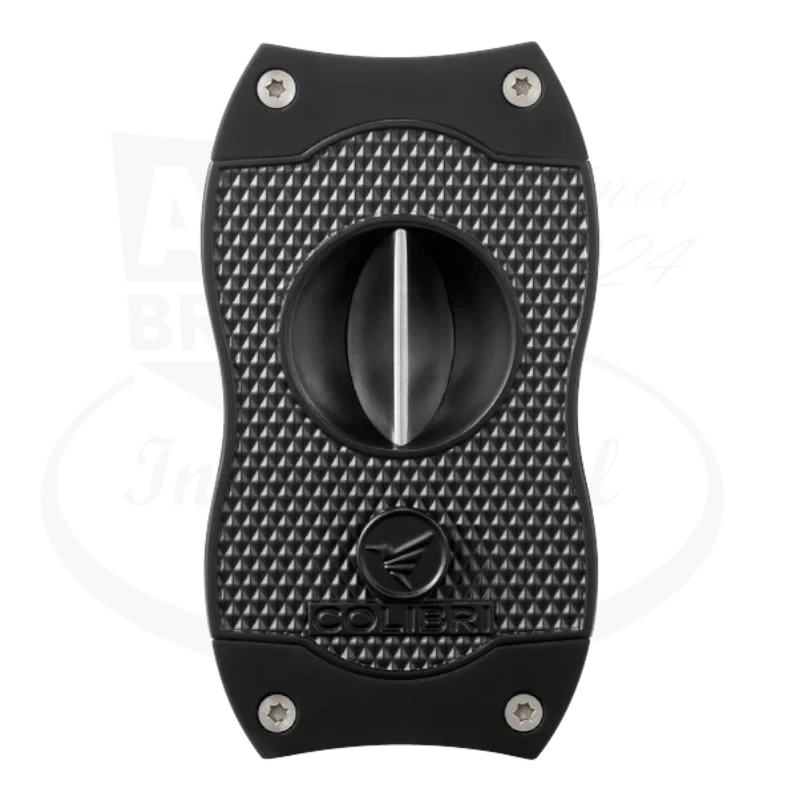 Colibri Diamond V-Cut Cigar Cutter in black, featuring a diamond-patterned grip and a sharp v-cut blade, with the Colibri logo at the bottom.