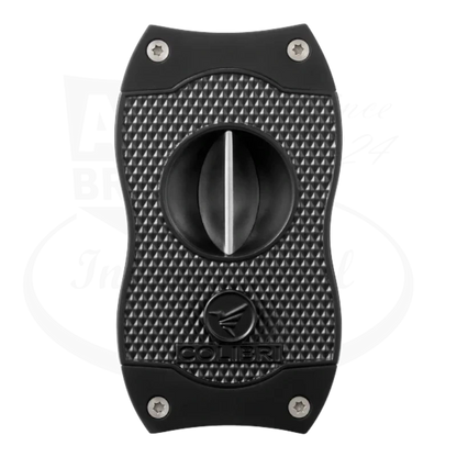 Colibri Diamond V-Cut Cigar Cutter in black, featuring a diamond-patterned grip and a sharp v-cut blade, with the Colibri logo at the bottom.