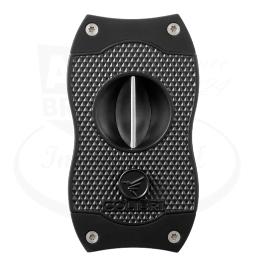 Colibri Diamond V-Cut Cigar Cutter in black, featuring a diamond-patterned grip and a sharp v-cut blade, with the Colibri logo at the bottom.