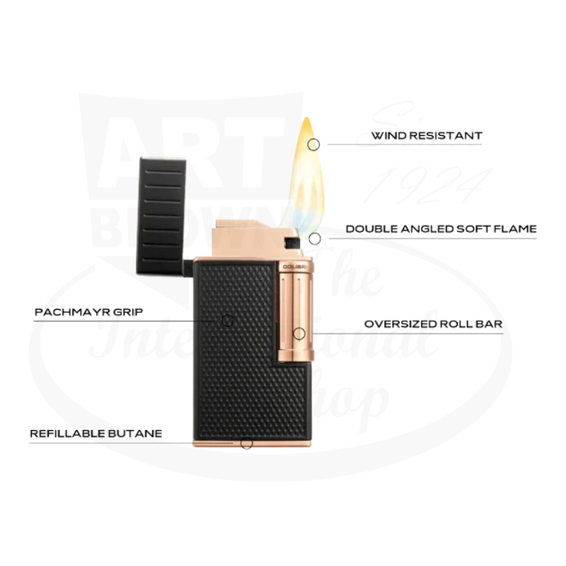 Colibri Julius Lighter in rose gold and black with diamond-patterned grip and ergonomic design, showing features.