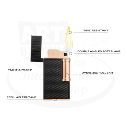 Colibri Julius Lighter in rose gold and black with diamond-patterned grip and ergonomic design, showing features.