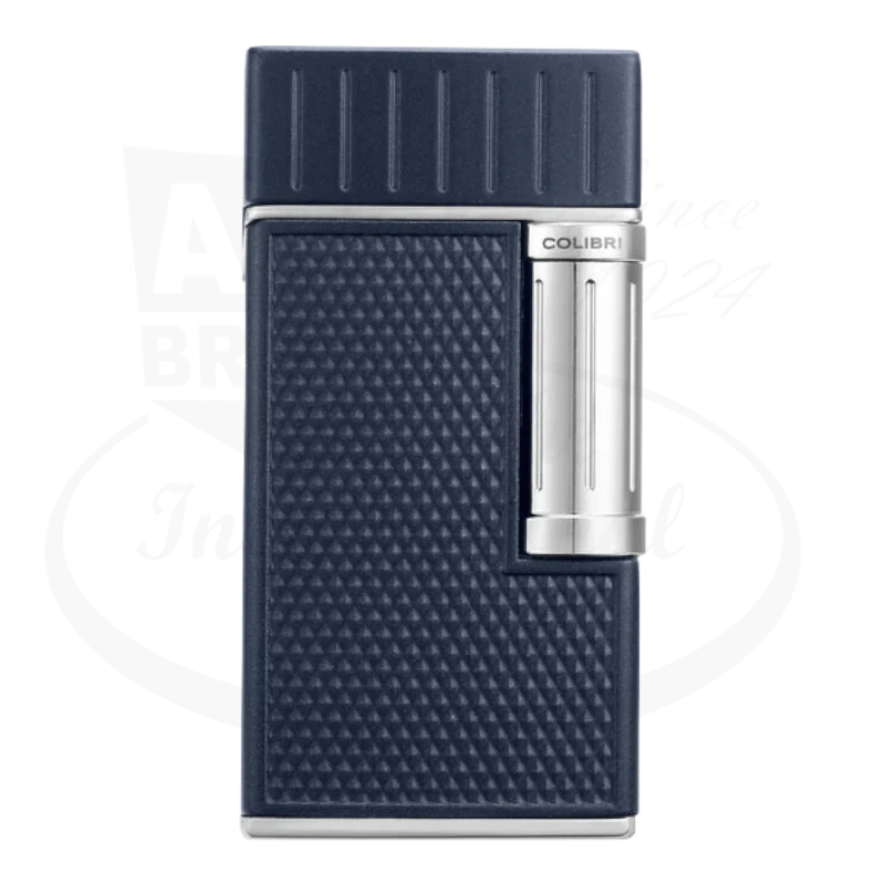 Colibri Julius Lighter in navy and chrome, featuring a diamond-patterned grip and sleek, modern design.