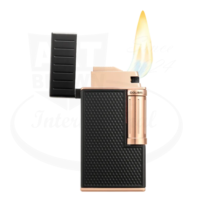 Colibri Julius Lighter in rose gold and black, shown with a lit flame and diamond-patterned grip.