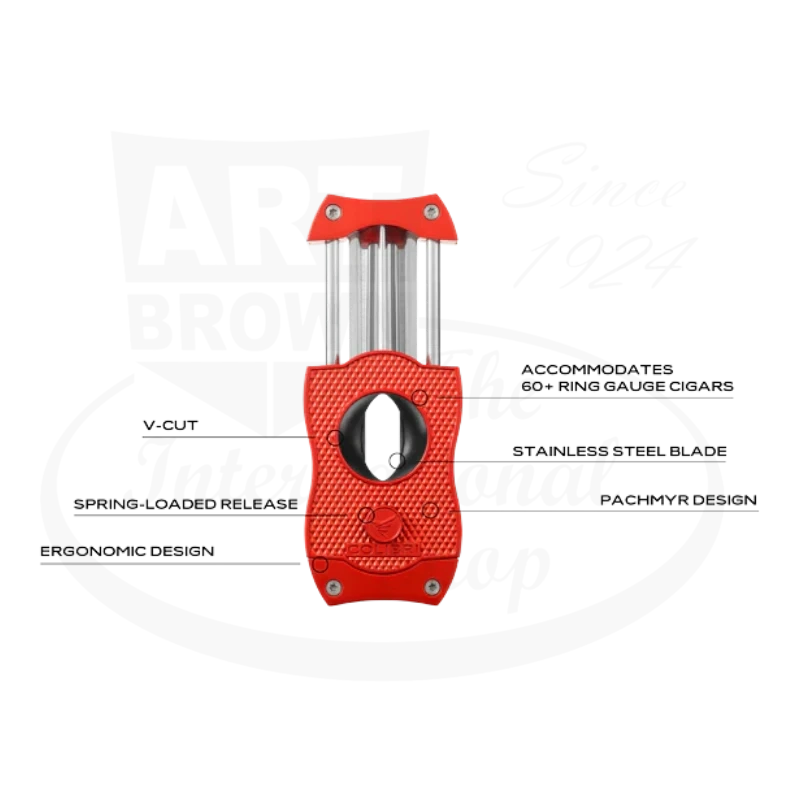 Colibri V-Cut Cigar Cutter in red, highlighting its features including the sharp v-cut blade, diamond-patterned grip, and ergonomic design.