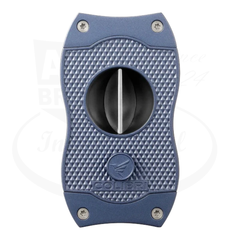 Colibri Diamond V-Cut Cigar Cutter in navy blue, featuring a diamond-patterned grip and a sharp v-cut blade, with the Colibri logo at the bottom.