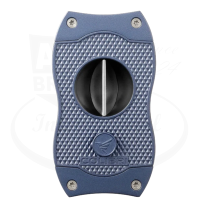 Colibri Diamond V-Cut Cigar Cutter in navy blue, featuring a diamond-patterned grip and a sharp v-cut blade, with the Colibri logo at the bottom.