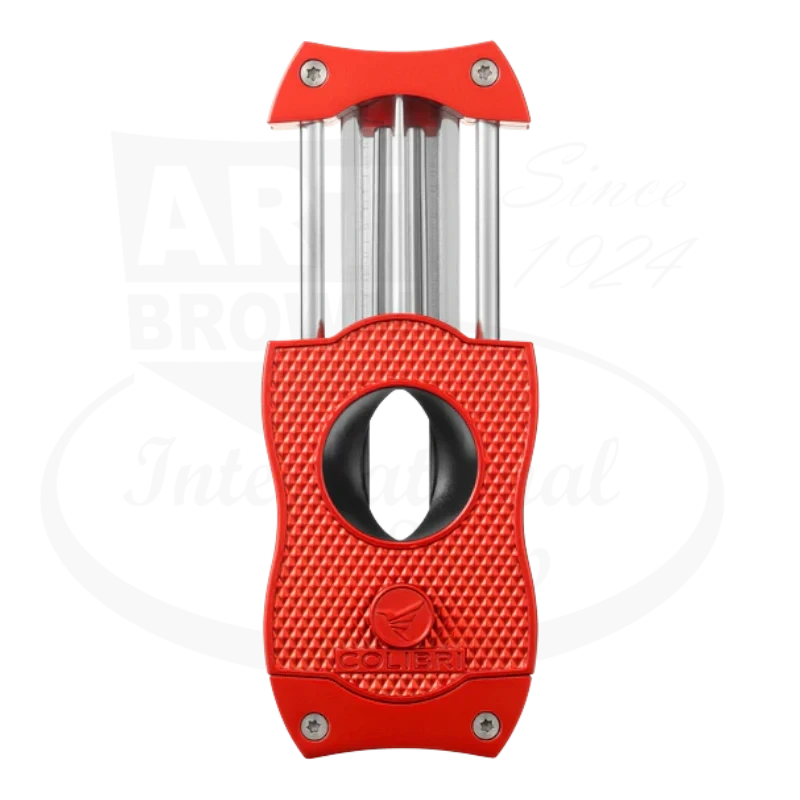 Colibri V-Cut Cigar Cutter in red, shown in an open position with a sharp v-cut blade and a diamond-patterned grip.