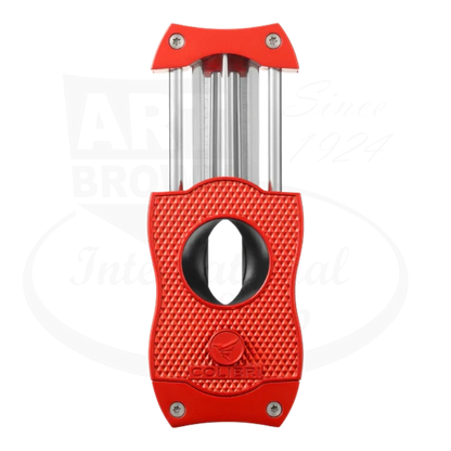 Colibri V-Cut Cigar Cutter in red, shown in an open position with a sharp v-cut blade and a diamond-patterned grip.