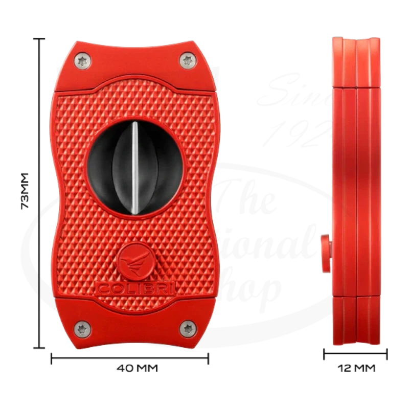 Colibri V-Cut Cigar Cutter in red, showing both front and side views to illustrate its dimensions and compact design.