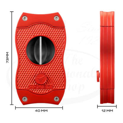 Colibri V-Cut Cigar Cutter in red, showing both front and side views to illustrate its dimensions and compact design.