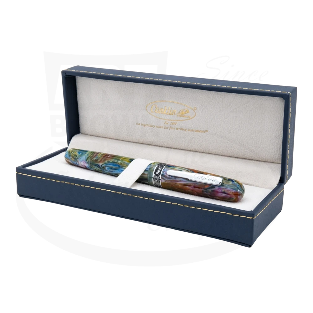 Conklin 1898 Misto Green Fountain Pen presented in an elegant blue and cream box, highlighting the pen's multicolored marbled design.