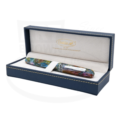 Conklin 1898 Misto Green Fountain Pen presented in an elegant blue and cream box, highlighting the pen's multicolored marbled design.