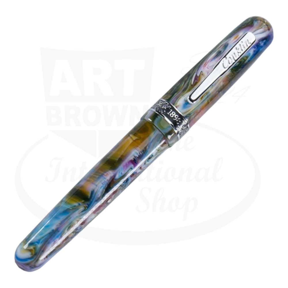 Conklin 1898 Misto Green Fountain Pen shown closed, featuring a vibrant marbled pattern of greens, blues, and purples, with a silver clip and engraved band.