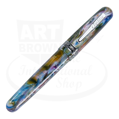 Conklin 1898 Misto Green Fountain Pen shown closed, featuring a vibrant marbled pattern of greens, blues, and purples, with a silver clip and engraved band.