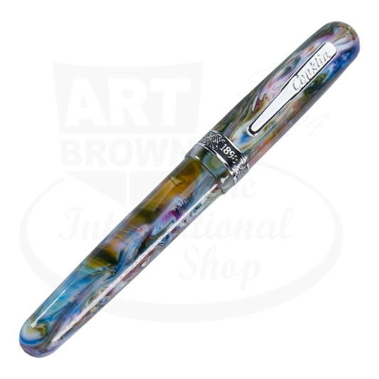 Conklin 1898 Misto Green Fountain Pen shown closed, featuring a vibrant marbled pattern of greens, blues, and purples, with a silver clip and engraved band.