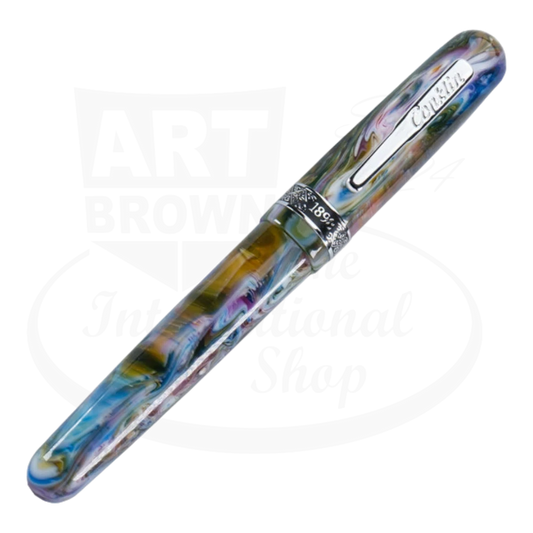 Conklin 1898 Misto Green Rollerball Pen shown closed, featuring a vibrant marbled pattern of greens, blues, and purples, with a silver clip and engraved band.
