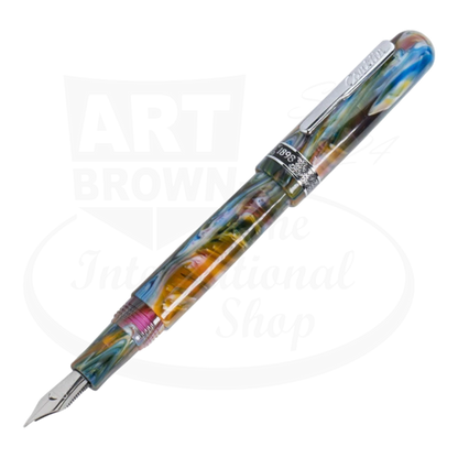 Open Conklin 1898 Misto Green Fountain Pen showing the marbled design in greens, blues, and purples, with the cap placed to the side