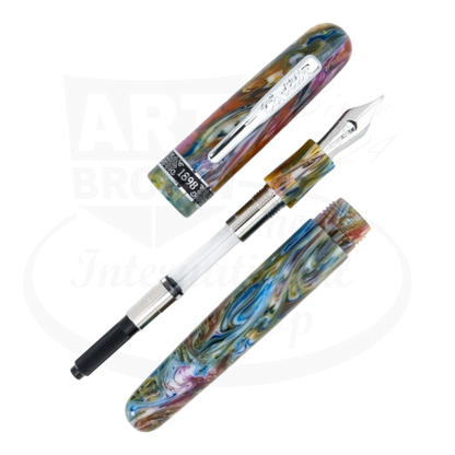 Conklin 1898 Misto Green Fountain Pen disassembled to show its various parts, including the nib, body, and converter, highlighting the vivid marbled pattern.