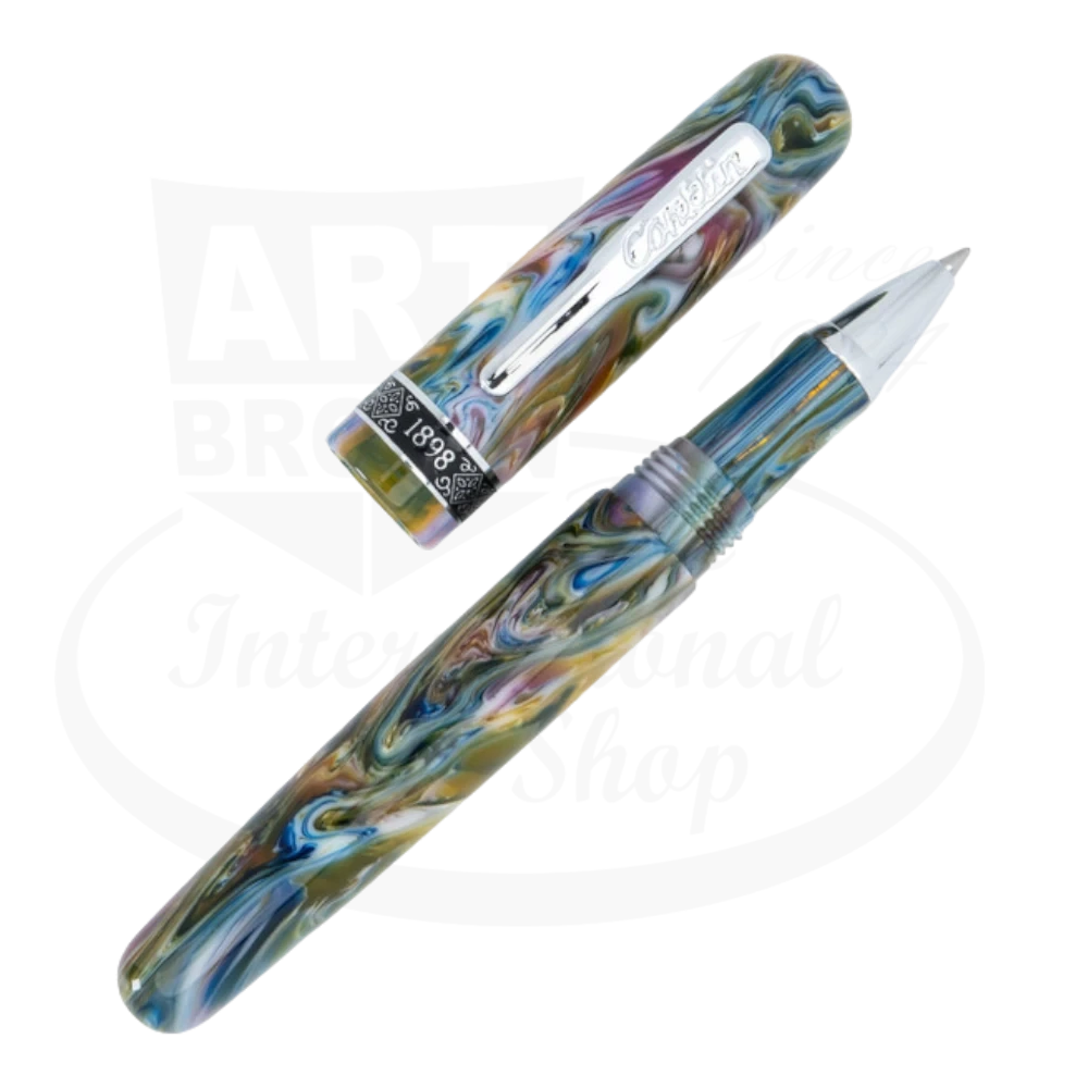 Conklin 1898 Misto Green Rollerball Pen displayed with its cap off, revealing the sleek, silver tip and detailed marbling of the pen body.