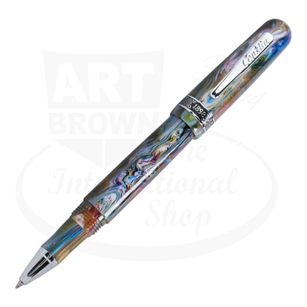 Open Conklin 1898 Misto Green Rollerball Pen showing the marbled design in greens, blues, and purples, with the cap placed to the side