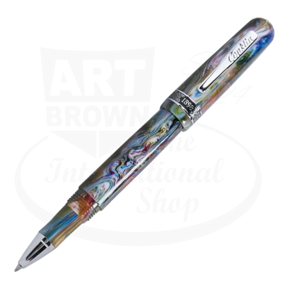 Open Conklin 1898 Misto Green Rollerball Pen showing the marbled design in greens, blues, and purples, with the cap placed to the side