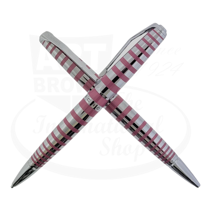 Cross ballpoint pen and mechanical pencil set in chrome with pink placed stripes crossed over each other