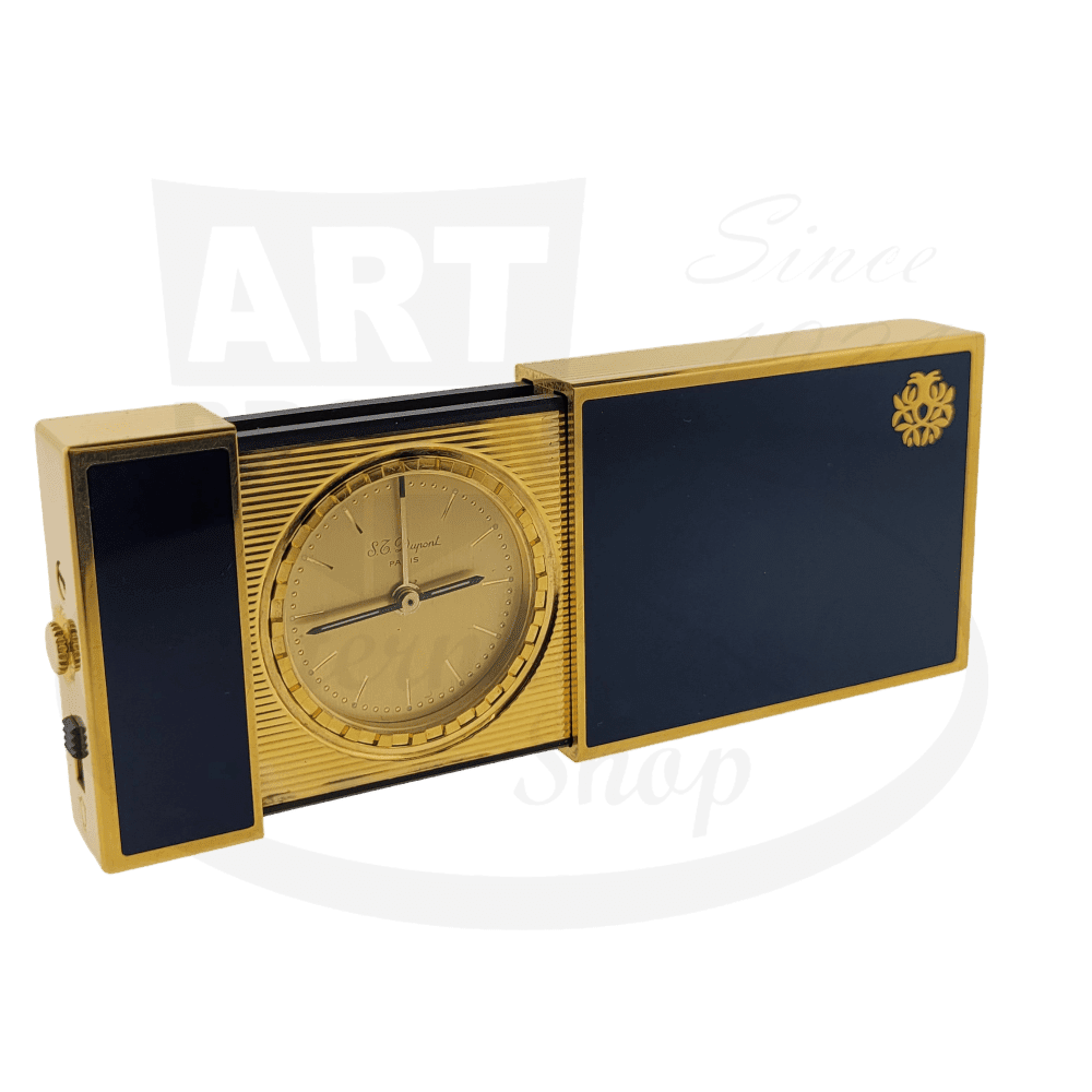 Preowned Vintage S.T. Dupont Limited Edition President François Mitterrand Blue Lacquer Classique Rollerball and Travel Alarm Clock Set