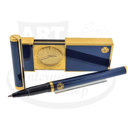 Preowned Vintage S.T. Dupont Limited Edition President François Mitterrand Blue Lacquer Classique Rollerball and Travel Alarm Clock Set