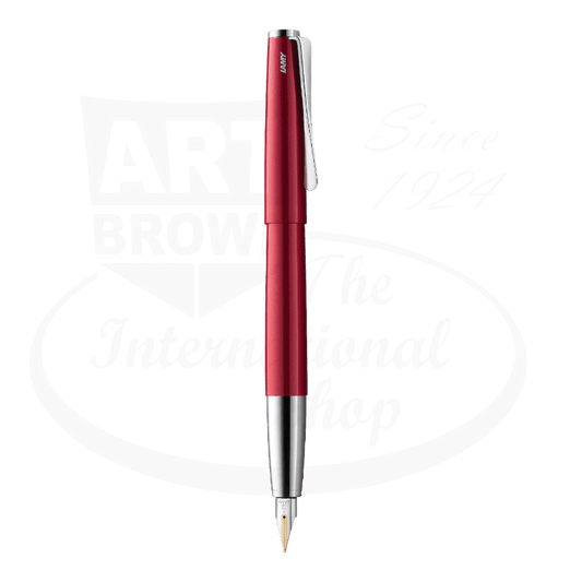 LAMY Studio L68PRDM metal fountain pen in piano red lacquer finish with silver propeller clip and gold nib, sleek cylindrical design