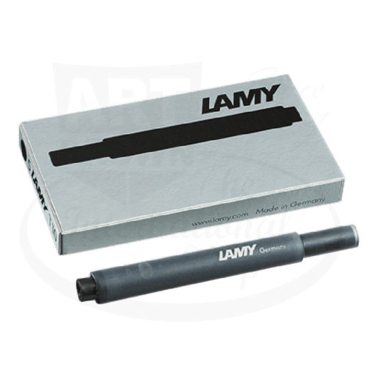 LAMY T10 1602075 plastic ink cartridges in black, pack of 5, shown with silver retail box and single cartridge display, compatible with most LAMY pens