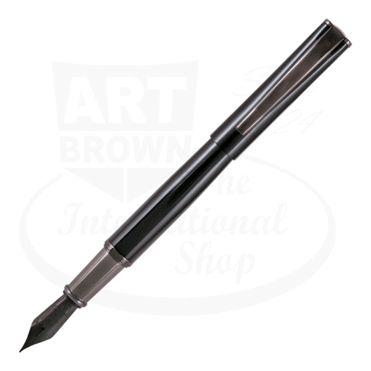 Monteverde Impressa fountain pen in black with gunmetal finish showcasing black stainless steel nib