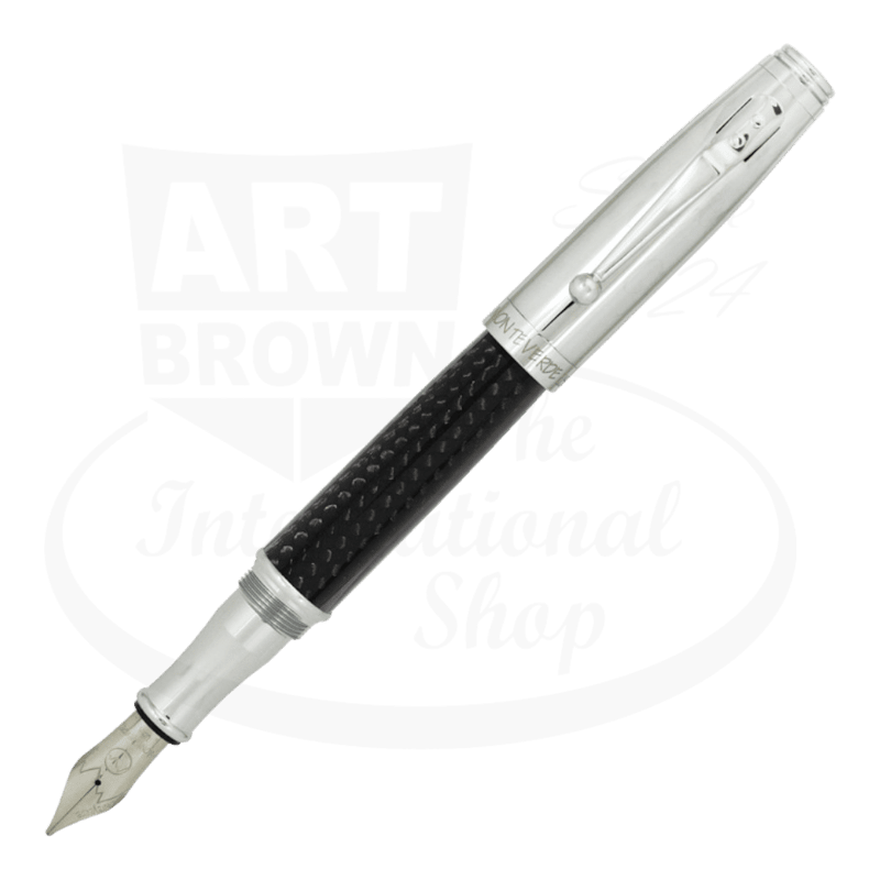 Monteverde Invincia fountain pen with carbon fiber barrel and chrome finishes showcasing stainless steel nib.