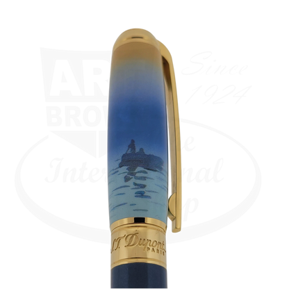 Detailed view of the Monet artwork on the S.T. Dupont Line D pen cap with gold accents.