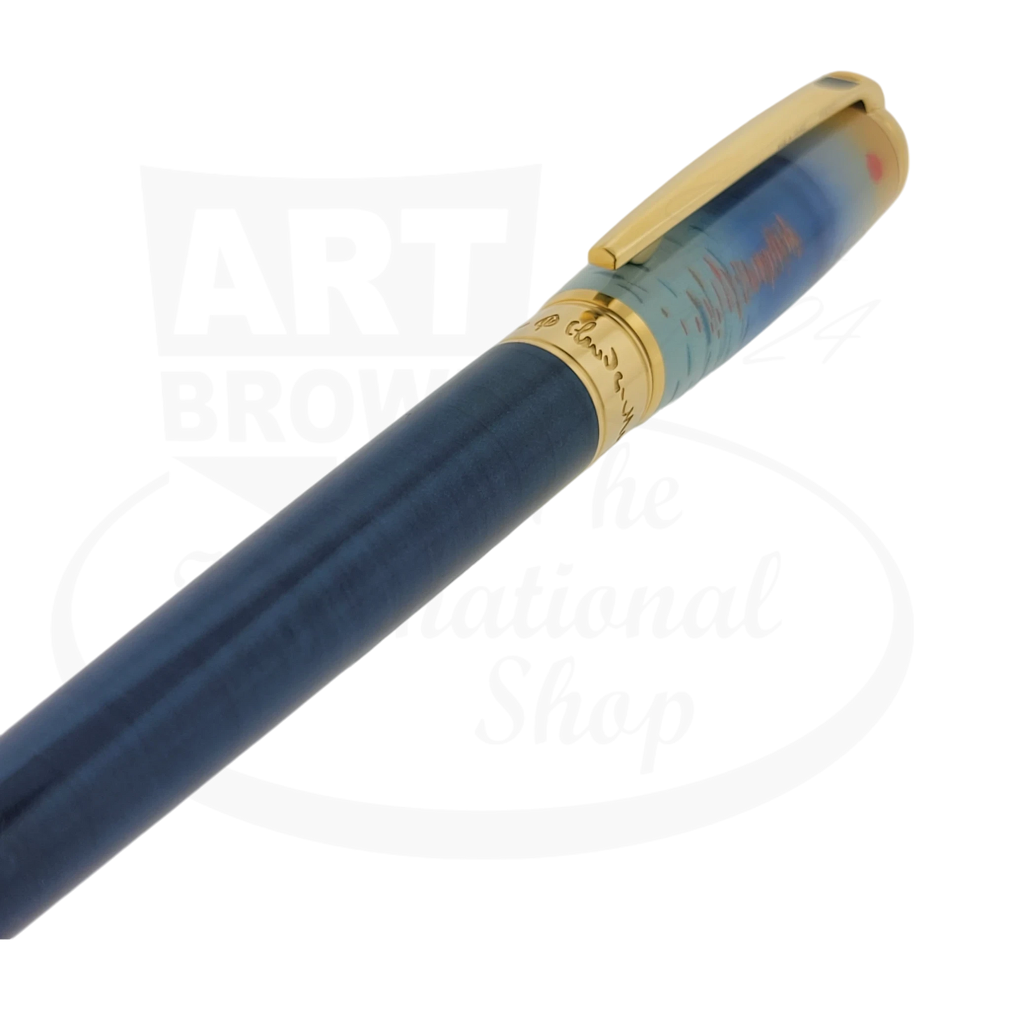 Side view of the S.T. Dupont Claude Monet Impressions Sunrise pen with blue lacquer barrel and gold details.