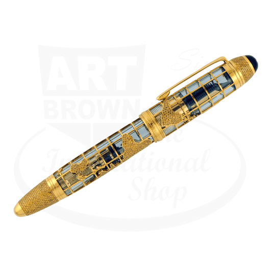 Montblanc Atelier John Harrison Fountain Pen 18K yellow gold skeleton design with intricate diamond-set pattern and transparent blue accents, featuring sapphire cabochon cap