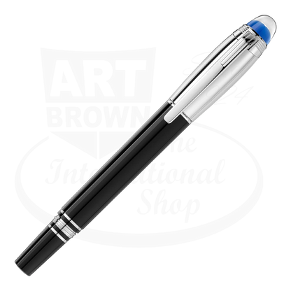 Montblanc StarWalker rollerball pen capped, showcasing its sleek black resin and platinum finish.