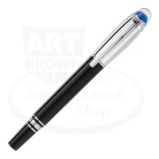 Montblanc StarWalker rollerball pen capped, showcasing its sleek black resin and platinum finish.