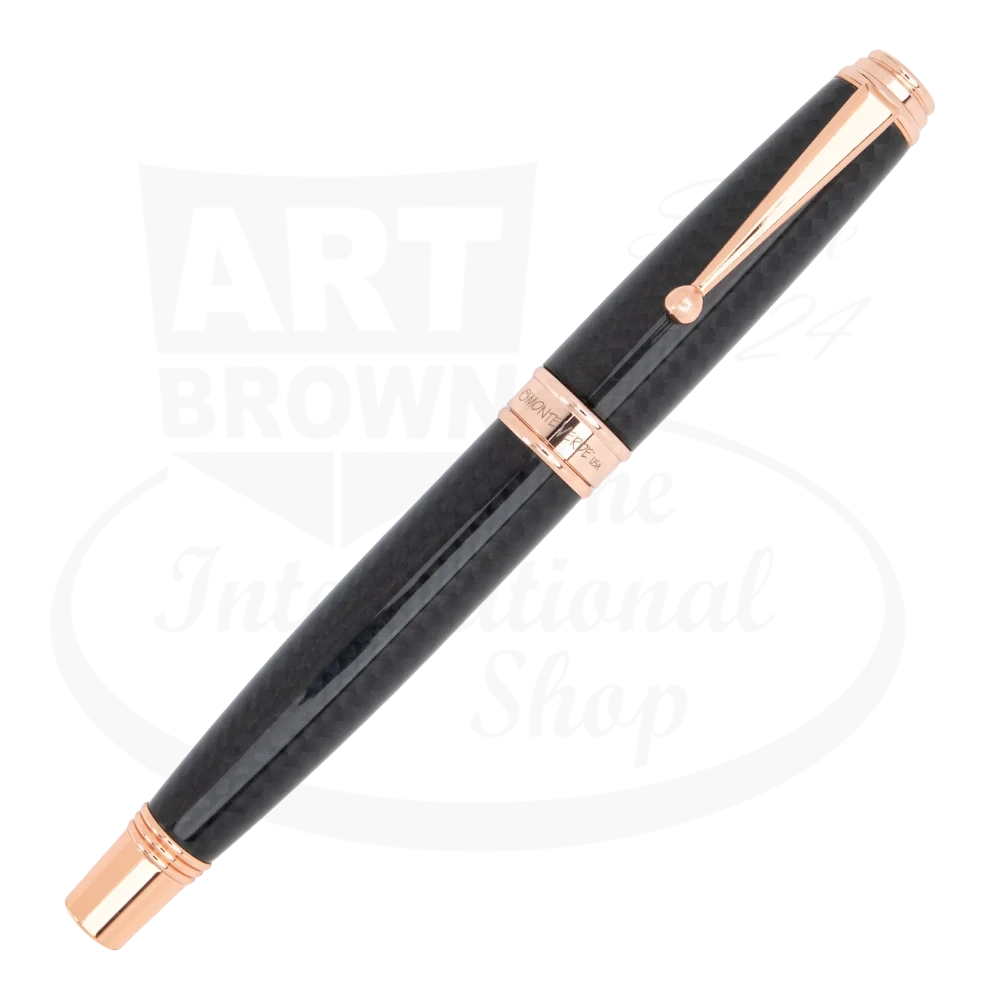 Monteverde Invincia Deluxe fountain pen with carbon fiber barrel and rose gold finishes with cap on.