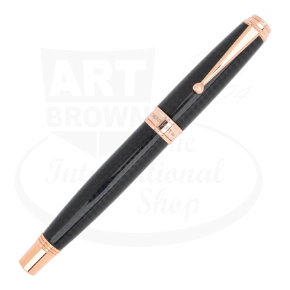 Monteverde Invincia Deluxe fountain pen with carbon fiber barrel and rose gold finishes with cap on.